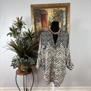 Calvin Klein Women’s 1X Button Front Blouse Long Sleeve Geometric Print Stretch